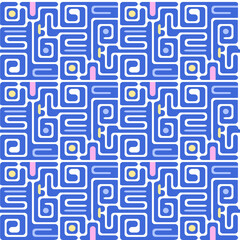 Maze geometric seamless pattern on blue background