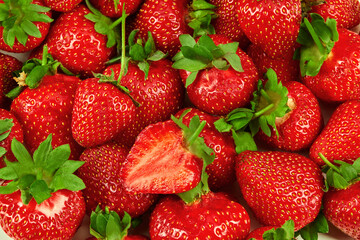 Fototapeta na wymiar Lots of whole red tasty strawberries and one cut in half, as a background. Palatable summer harvest. Close up, top view