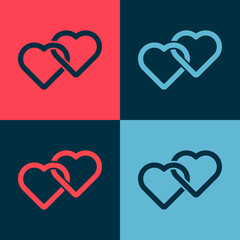 Pop art Two Linked Hearts icon isolated on color background. Romantic symbol linked, join, passion and wedding. Valentine day symbol. Vector.