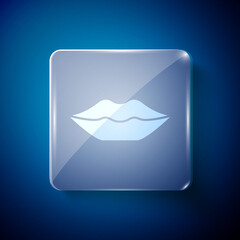 White Smiling lips icon isolated on blue background. Smile symbol. Square glass panels. Vector.