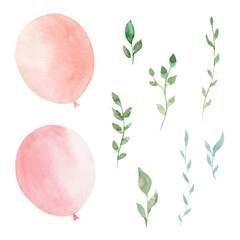 Watercolor pink balloons and greenery leaves. Hand painted clipart set. - 384979378