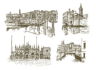 Traditional Venice Cityscape, hand drawn set.