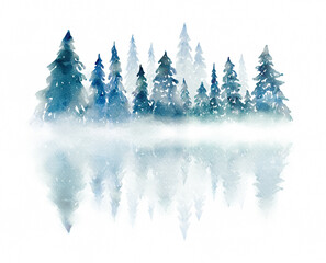 Winter forest in a fog painted in watercolor - 384979554