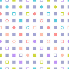 Squares and circles multicolored seamless pattern on white background. Geometric shapes background