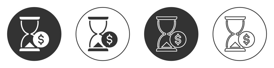 Black Hourglass with dollar icon isolated on white background. Money time. Sandglass and money. Growth, income, savings, investment. Circle button. Vector.