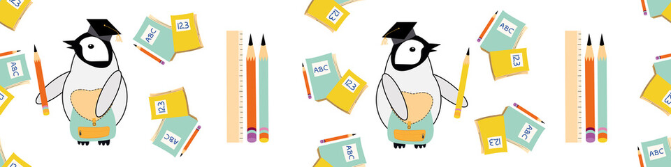 Cute vector border with Kawaii penguin chicks in scholar hat with pencils, notebooks on white backdrop. Banner with a row of cartoon emperor babies in school attire. Fun concept for education learning