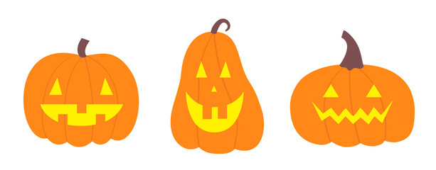 Happy Halloween pumpkin set line. Funny creepy scary smiling face. Cute cartoon kawaii baby character. Yellow candle light. Greeting card. White background. Isolated. Flat design.
