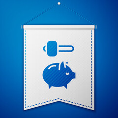Blue Piggy bank and hammer icon isolated on blue background. Icon saving or accumulation of money, investment. White pennant template. Vector.