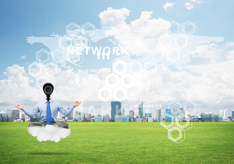 Camera headed man sitting in lotus pose on cloud against modern cityscape