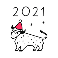 New year 2021. Vector icon outline illustration of bull in Christmas hat. Best for greeting card, t shirt, print, stickers, posters design.