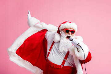2021 coming sing song mic funky grey beard santa claus pop star have x-mas christmas live concert...