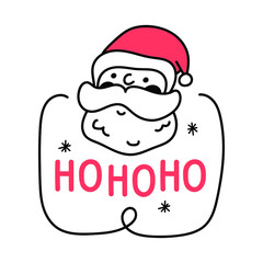Badge with santa's face - hohoho. Hand drawn illustration for greeting card, stickers, t shirt, posters, flyers design. 