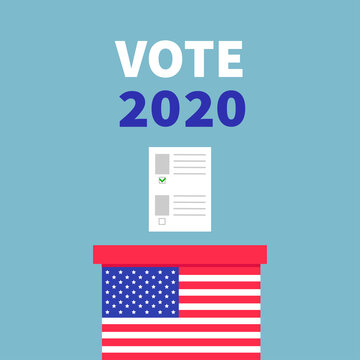 American flag Ballot Voting box with paper blank bulletin concept. President election day. Vote 2020. Polling station. Flat design Invitation Card Print. Blue background.