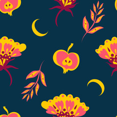 Bright autumnal pattern with flowers, twigs, little apples and moons on dark blue background