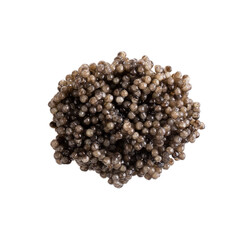 Sturgeon caviar. Heap of black caviar isolated on white background. Top view.