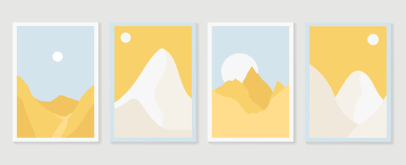 Mountain wall art vector set. Earth tones landscapes backgrounds set with moon and sun.  Abstract Plant Art design for print, cover, wallpaper, Minimal and  natural wall art. Vector illustration..