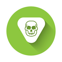 White Guitar pick icon isolated with long shadow. Musical instrument. Green circle button. Vector.