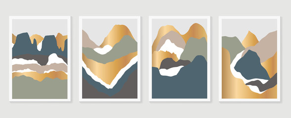 Mountain wall art vector set. Earth tones landscapes backgrounds set with moon and sun.  Abstract Plant Art design for print, cover, wallpaper, Minimal and  natural wall art. Vector illustration.