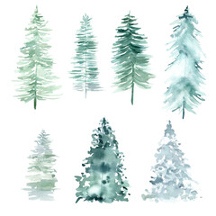 Obraz premium Watercolor forest pine trees for Christmas and Happy New Year.