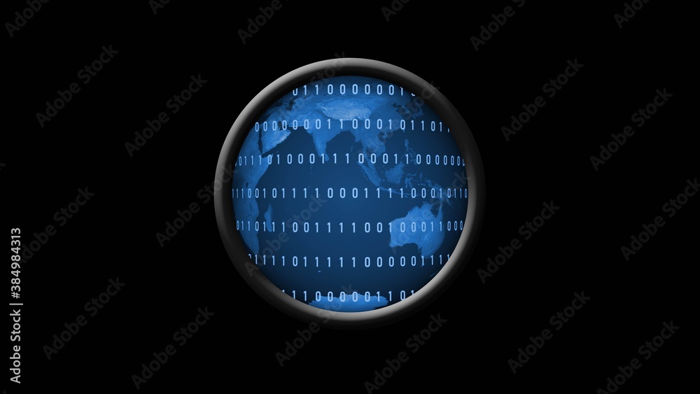 Poster part of the world map behind lines of binary code in a magnifying lens - isolated on black backgroun