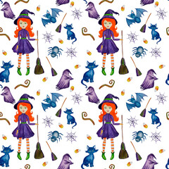 Seamless halloween pattern with witch, ghost, cat and bat. - 384984398
