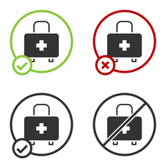 Black First aid kit icon isolated on white background. Medical box with cross. Medical equipment for emergency. Healthcare concept. Circle button. Vector.