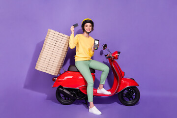 Full size photo of courier lady with motor bike hold terminal credit card wear casual style clothes...