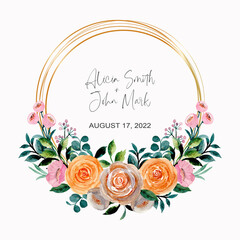  Watercolor roses floral wreath with golden frame