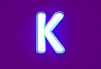 White glossy neon light blue glow alphabet - letter K isolated on purple background, 3D illustration of symbols