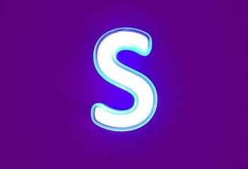 White polished neon light blue glow font - letter S isolated on purple background, 3D illustration of symbols