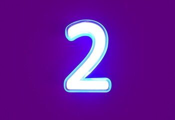 White glossy neon light blue glow font - number 2 isolated on purple, 3D illustration of symbols