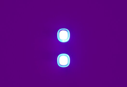 White Glossy Neon Light Blue Glow Font - Colon Isolated On Purple, 3D Illustration Of Symbols