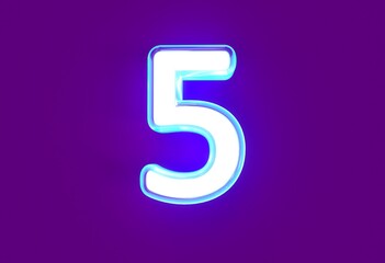 White polished neon light blue glow font - number 5 isolated on purple, 3D illustration of symbols