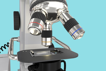 96 MPx high resolution images of professional microscope with fictive design isolated on blue - medical 3d illustration, medicine discovery concept