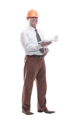 architect looking at the drawing. isolated on a white background