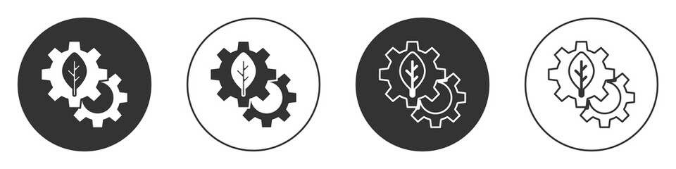 Black Leaf plant ecology in gear machine icon isolated on white background. Eco friendly technology. World Environment day label. Circle button. Vector.