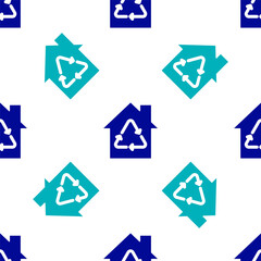 Blue Eco House with recycling symbol icon isolated seamless pattern on white background. Ecology home with recycle arrows. Vector.