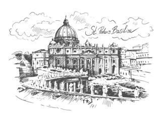 Obraz premium Hand drawn sketch of Vatican. St. Peter’s Basilica. 