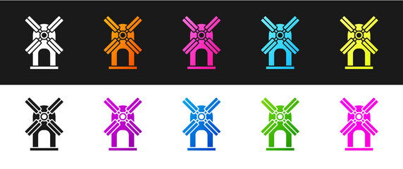 Set Wind turbine icon isolated on black and white background. Wind generator sign. Windmill for electric power production. Vector.