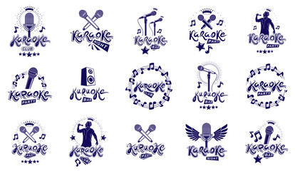 Karaoke party or club logos and emblems vector set isolated, singing music nightlife entertainment weekend theme, microphones and musical notes compositions.