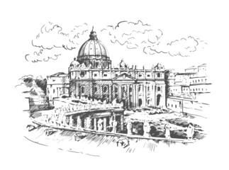 Obraz premium Hand drawn sketch of Vatican. St. Peter’s Basilica. 
