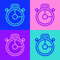 Pop art line Stopwatch icon isolated on color background. Time timer sign. Chronometer sign. Vector Illustration.