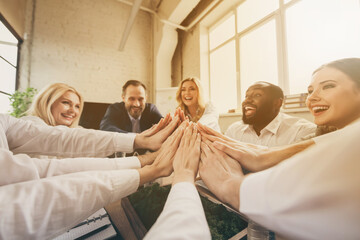 Obraz premium Cropped close-up view of nice attractive stylish cheerful cheery glad coworkers clapping palms good job income sales profit at modern loft industrial brick interior style workplace workstation
