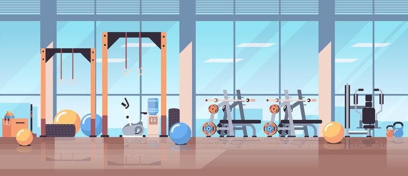 Empty No People Sport Gym Interior Workout Equipment Fitness Training Healthy Lifestyle Concept Horizontal Vector Illustration