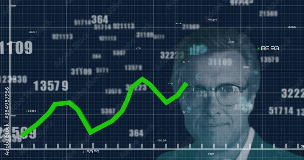 Poster multiple increasing numbers and statistical data processing against portrait of man