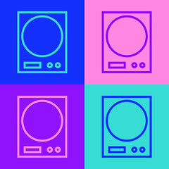 Pop art line Electronic scales icon isolated on color background. Weight measure equipment. Vector Illustration.
