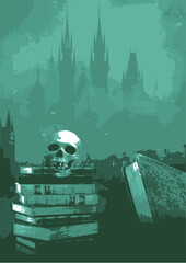 paysage gothique,macabre avec une tête de squelette sur des livres,romans sur fond décor silhouette de châteaux,brumes  en couleur vert,bleu pâle. - 384988148