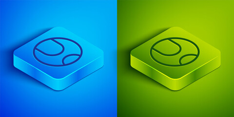 Isometric line Tennis ball icon isolated on blue and green background. Sport equipment. Square button. Vector Illustration.