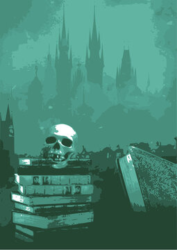 paysage gothique,macabre avec une t&ecirc;te de squelette sur des livres,romans sur fond d&eacute;cor silhouette de ch&acirc;teaux,brumes  en couleur vert,bleu p&acirc;le.