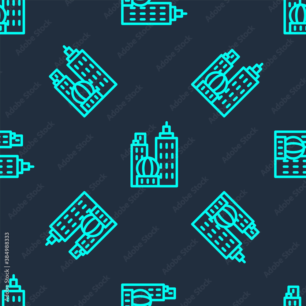 Sticker green line city landscape icon isolated seamless pattern on blue background. metropolis architecture